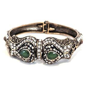 Vintage Visson Gold Tone Jeweled Hinged Clamper Bangle Bracelet